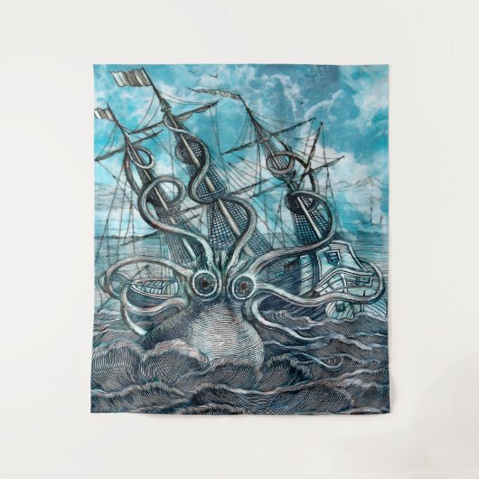 Giant Octopus Blue Zee Monster Sailboat Wandkleed (Voorkant)