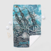 Giant Octopus Blue Zee Monster Sailboot Monogram Golfhanddoek (Insitu)