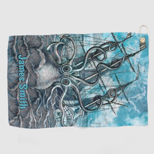 Giant Octopus Blue Zee Monster Sailboot Monogram Golfhanddoek (Horizontaal)