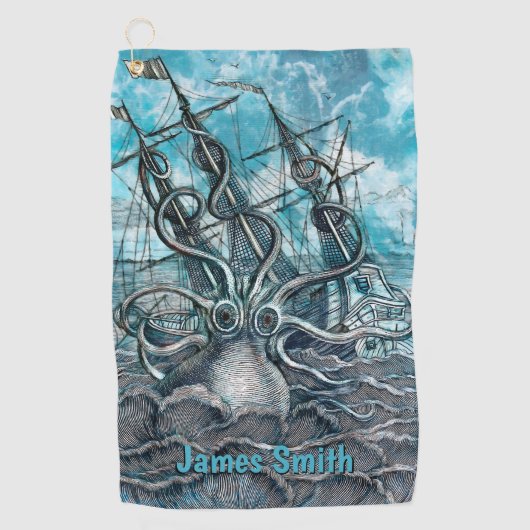 Giant Octopus Blue Zee Monster Sailboot Monogram Golfhanddoek (Voorkant)
