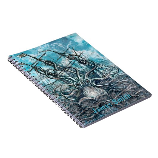 Giant Octopus Blue Zee Monster Sailboot Monogram Notitieboek (Rechterzijde)