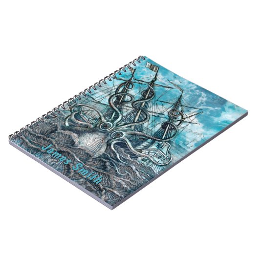 Giant Octopus Blue Zee Monster Sailboot Monogram Notitieboek (Linkerzijde)