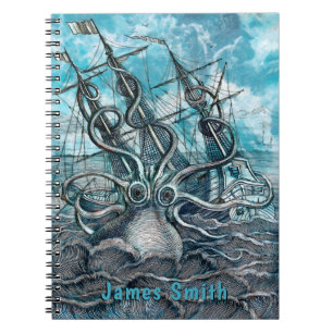 Giant Octopus Blue Zee Monster Sailboot Monogram Notitieboek