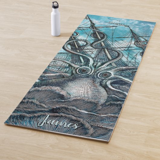 Giant Octopus Blue Zee Monster Sailboot Monogram Yogamat (In situ)