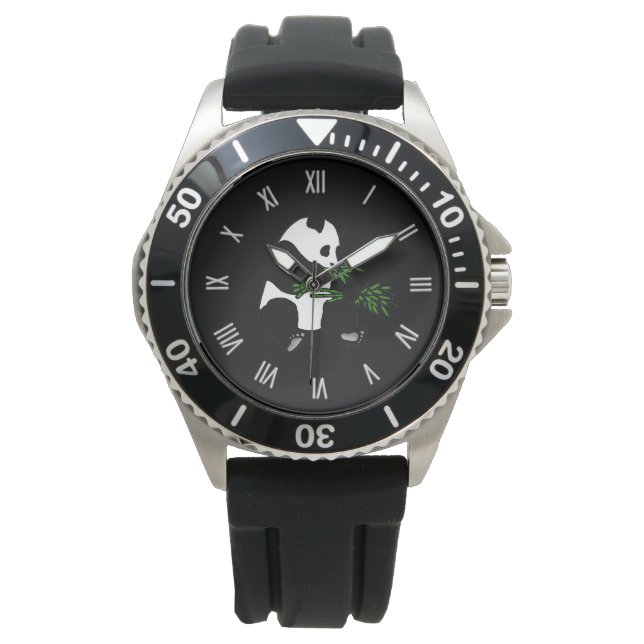 Giant Panda Eats Bamboo Black Horloge (Voorkant)