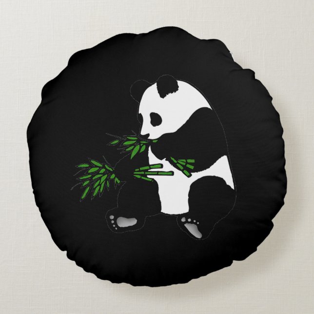 Giant Panda Eats Bamboo Black Rond Kussen (Achterkant)