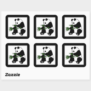 Giant Panda Eats Bamboo Black Vierkante Sticker