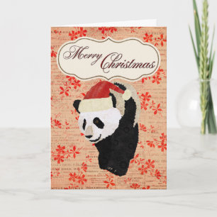 Giant Panda Red Floral Christmas Kaart