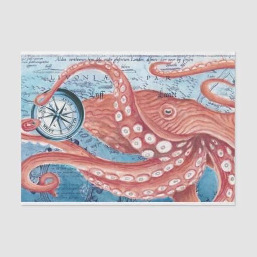 Giant Red Pacific Octopus Compass Kaart Kunst Tissuepapier (Voorkant)