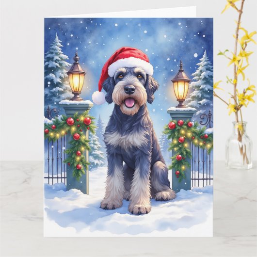 Giant Schnauzer Snowy Iron Fence Santa Christmas Kaart (Gele Bloem)