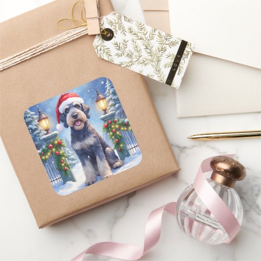 Giant Schnauzer Snowy Iron Fence Santa Christmas Vierkante Sticker (Geschenken)