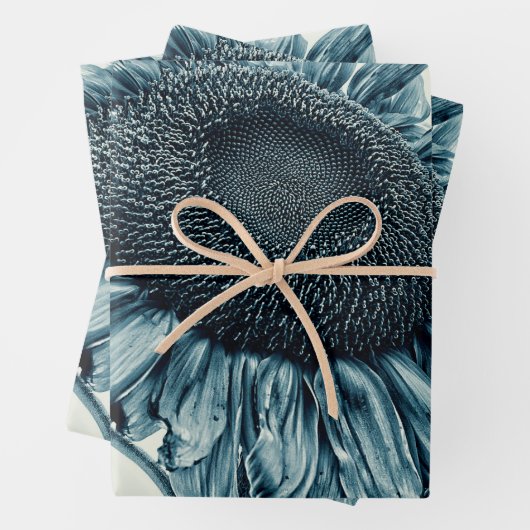 Giant Sunflower Art Blauwgroen Blauwe ontkoppelin Inpakpapier Vel (In situ)