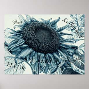 Giant Sunflower  Art Blauwgroen Blue Ephemera Poster