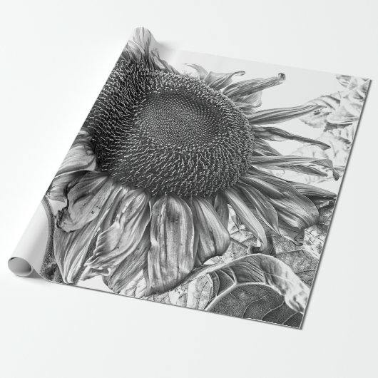 Giant Sunflower Black and White Art Cadeaupapier (Uitgerold)