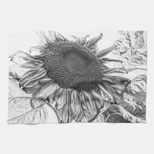 Giant Sunflower  Black and White Art Theedoek (Horizontaal)