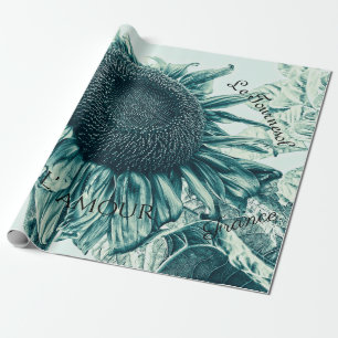 Giant Sunflower  Blauwgroen Green Script Cadeaupapier