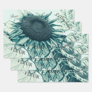 Giant Sunflower  Blauwgroen Green Script Inpakpapier Vel