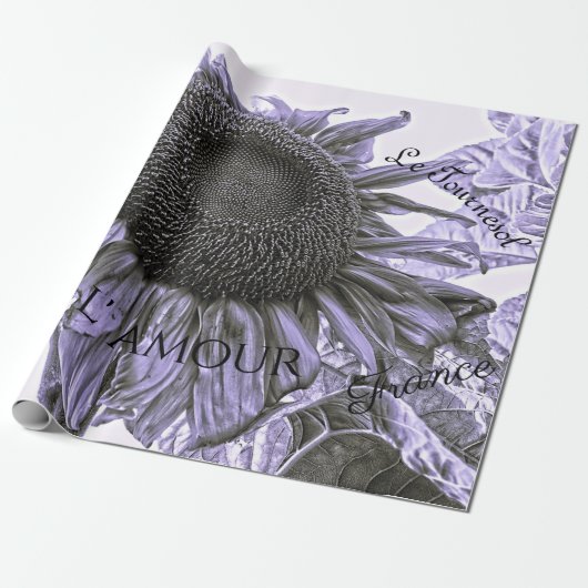 Giant Sunflower  Paars Decoupage Script Cadeaupapier (Uitgerold)