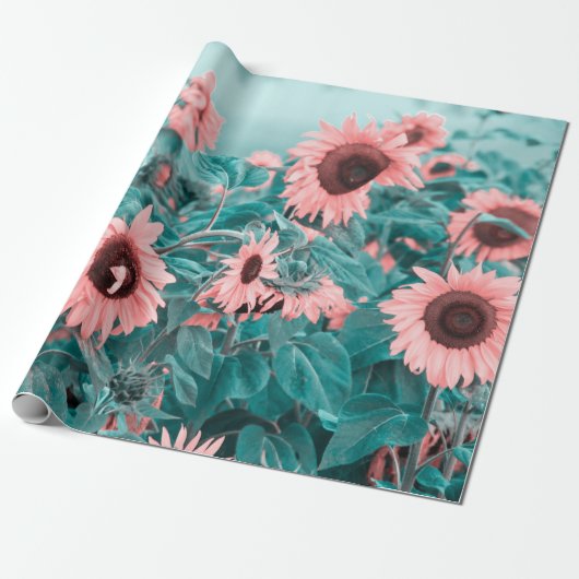 Giant Sunflower Roze Blauwgroen ontbinding van Flo Cadeaupapier (Uitgerold)