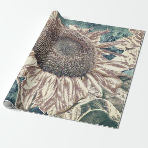 Giant Sunflower Vintage Blauwgroen Sepia Art ontko Cadeaupapier