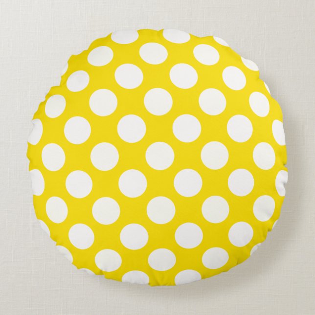 Giant White Polka Dots on Yellow Throw Pillow Rond Kussen (Voorkant)