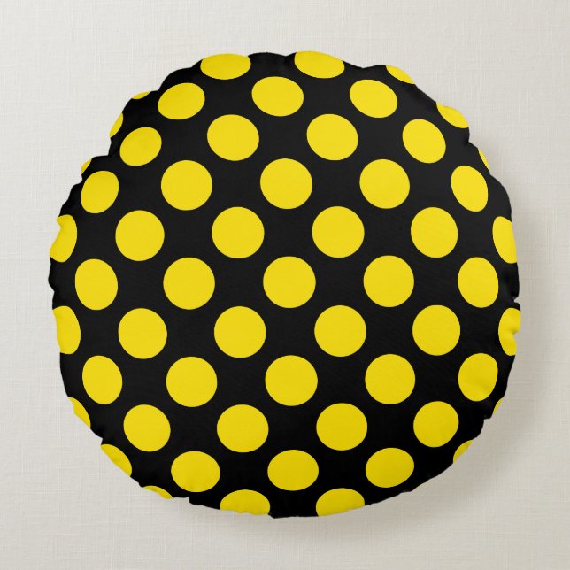 Giant Yellow Polka Dots on Black Round Pillow  Rond Kussen (Voorkant)
