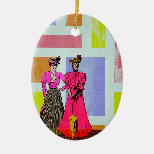 Gibson Girls in een Mondriaan Pattern Keramisch Ornament (Voorkant)