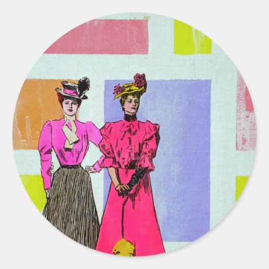 Gibson Girls in een Mondriaan Pattern Ronde Sticker (Voorkant)