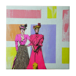 Gibson Girls in een Mondriaan Pattern Tegeltje