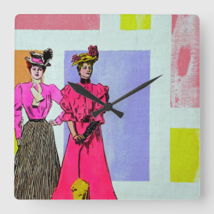 Gibson Girls in een Mondriaan Pattern Vierkante Klok