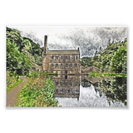 Gibson Mill, Hardcastle Crags Aquarel Kunstwerk Foto Afdruk