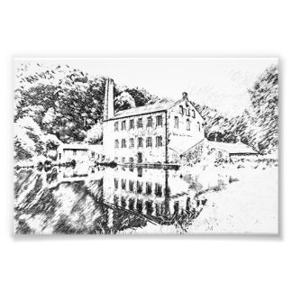 Gibson Mill, Hardcastle Crags Houtskoolkunstwerk Foto Afdruk