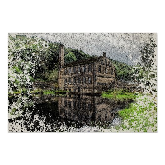 Gibson Mill, Hardcastle Crags Potlood Kunstwerk Perfect Poster (Voorkant)