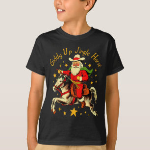 Giddy Up Bellen Paard Grappige Retro Kerstman Cowb T-shirt