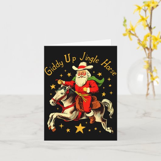 Giddy Up Jingle Horse Funny Retro Santa Cowboy Chr Kaart (Gele Bloem)