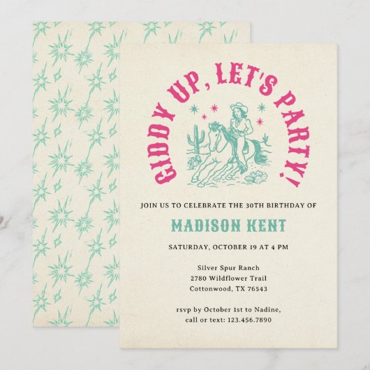 Giddy Up Let's Party Fun Modern Cowgirl Verjaardag Kaart (Voorkant / Achterkant)