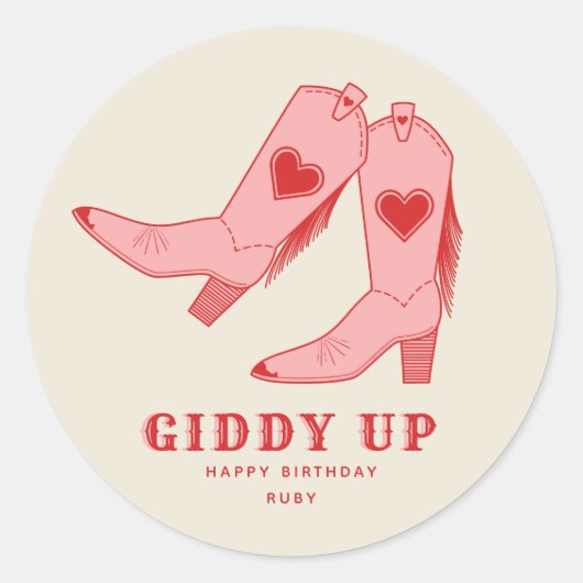 Giddy Up Roze Cowgirl Laarzen Verjaardag Ronde Sticker (Voorkant)