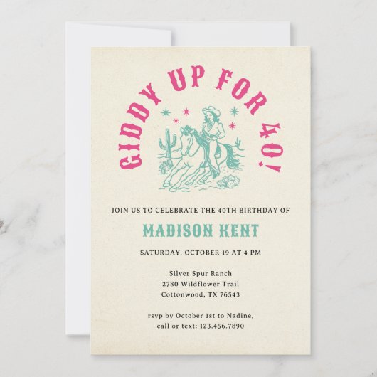 Giddy Up Roze Turquoise Cowgirl 40e verjaardag Kaart (Voorkant)