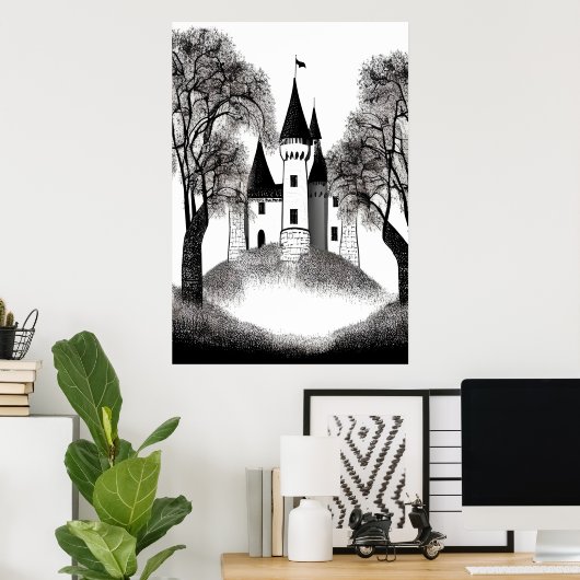 Giet op de heuvel zwart-witte schets | AI Art. Poster (Thuiskantoor)