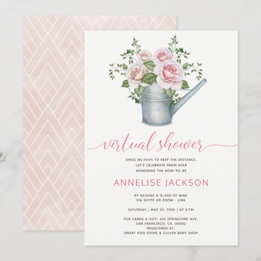Gieter sage blushrozen virtuele babyshower kaart (Voorkant / Achterkant)