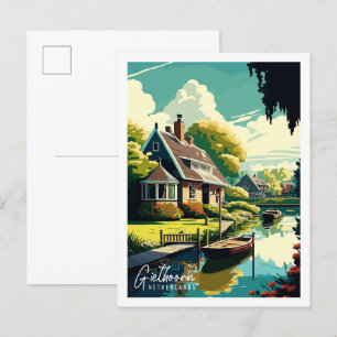 Giethoorn Nederland vintage reisillustratie Briefkaart