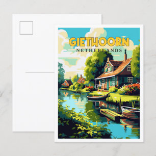Giethoorn Nederland vintage reisillustratie Briefkaart