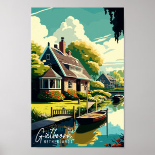 Giethoorn Nederland vintage reisillustratie Poster