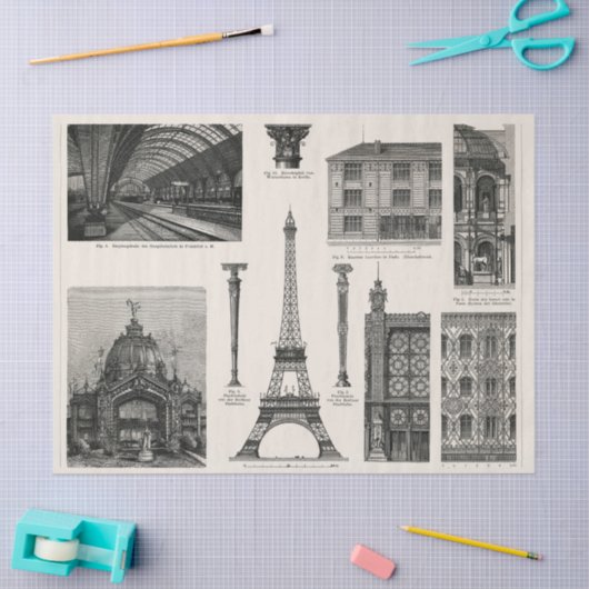 Gietijzeren architectuur 1894 Ephemera Decoupage Tissuepapier (Craft)