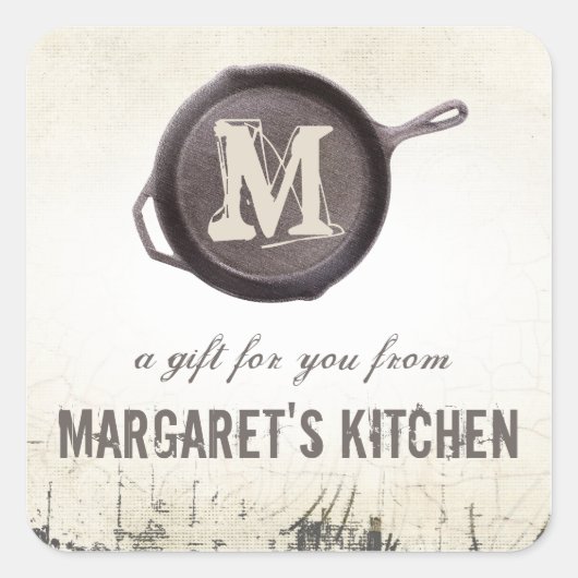 gietijzeren koekenpan bakpan koken chef-kok cadeau vierkante sticker (Voorkant)