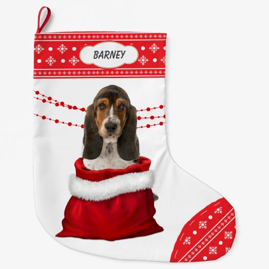 Gift Bag Basset Hound Puppy Snowflake Border Grote Kerstsok (Voorkant)
