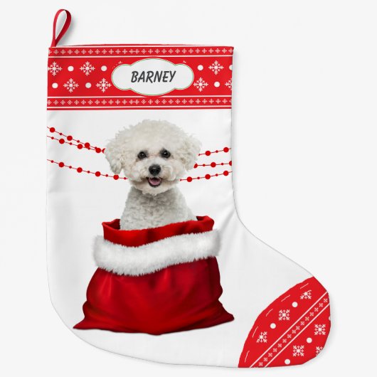 Gift Bag Bichon Frise Dog Snowflake Border Grote Kerstsok (Voorkant)