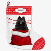 Gift Bag Black Pomeranian Dog Snowflake Border Grote Kerstsok (Voorkant)