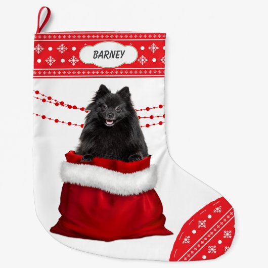 Gift Bag Black Pomeranian Dog Snowflake Border Grote Kerstsok (Voorkant)