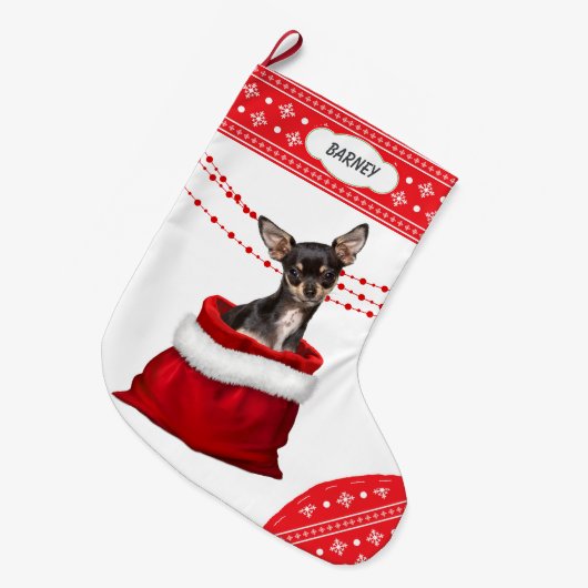 Gift Bag Black Tan Chihuahua Dog Snowflake Border Grote Kerstsok (Voorkant (Hangend))